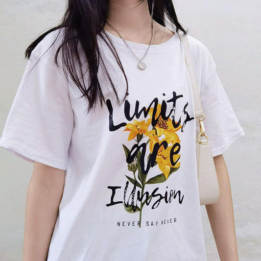 Pekanbaru Kaos Sablon Limits Are Illusion Never Say Never T-shirt Couple Unisex Gambar Bunga Kuning Simple Berkualitas Korean Style