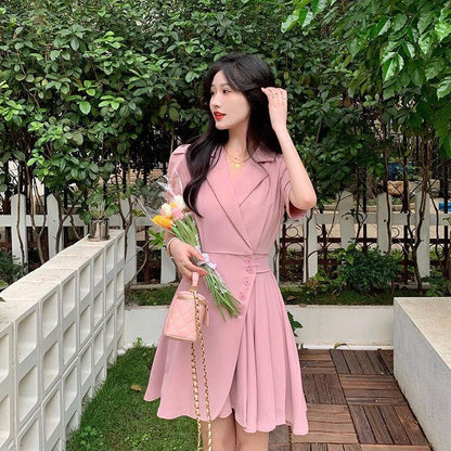 [littlecrab] Dress Formal Wanita V Neck Collar French Style Pink Kuning Hitam Simple Elegan Casual Gaun Pendek Warna Soft Berkerah High Quality A-Line Dress Berkualitas Korean Style