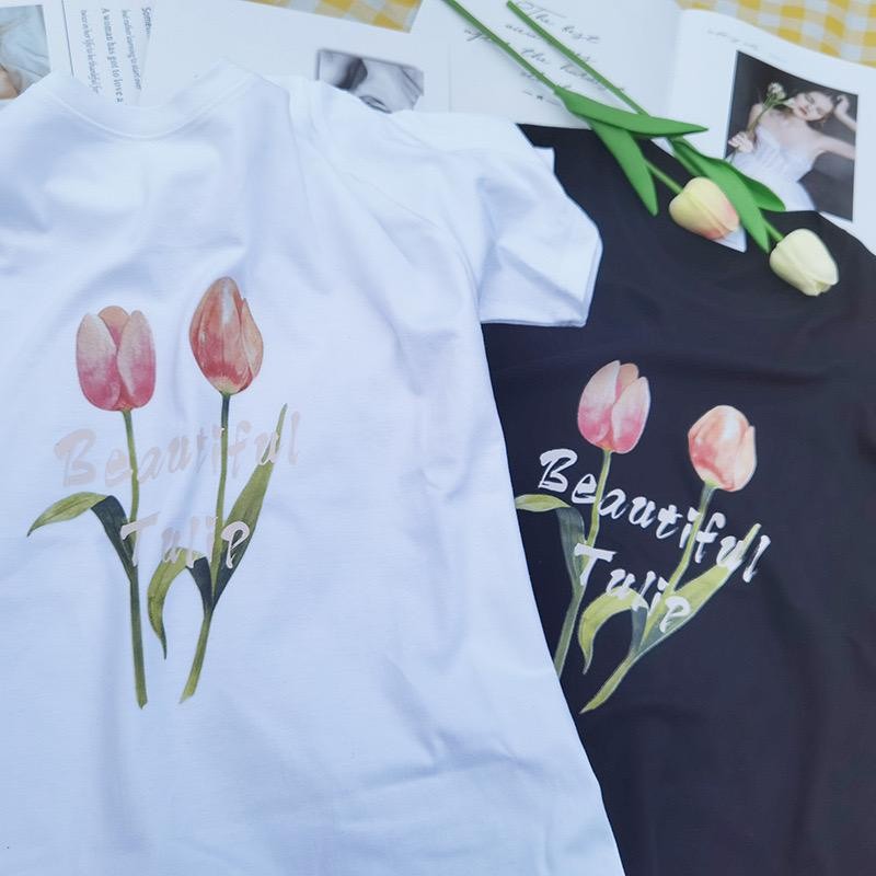 [littlecrab] Kaos Sablon Bunga Polos Beautiful Tulip Hitam Putih Pink Tulip Flower Berkualitas T-shirt Couple Unisex Korean Style