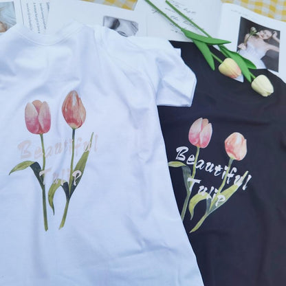 [littlecrab] Kaos Sablon Bunga Polos Beautiful Tulip Hitam Putih Pink Tulip Flower Berkualitas T-shirt Couple Unisex Korean Style