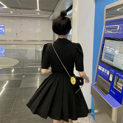 [littlecrab] Dress Formal Wanita V Neck Collar French Style Pink Kuning Hitam Simple Elegan Casual Gaun Pendek Warna Soft Berkerah High Quality A-Line Dress Berkualitas Korean Style
