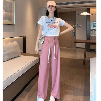[littlecrab] Celana Panjang Kulot Loose Pants Celana Karet Cullote Tali Depan Celana Formal Kasual Simple Polos Corak Garis Elegan Berkualitas Premiumx