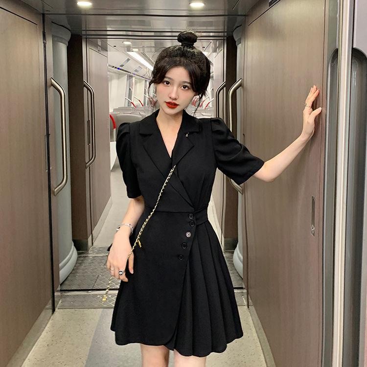 [littlecrab] Dress Formal Wanita V Neck Collar French Style Pink Kuning Hitam Simple Elegan Casual Gaun Pendek Warna Soft Berkerah High Quality A-Line Dress Berkualitas Korean Style