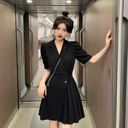 [littlecrab] Dress Formal Wanita V Neck Collar French Style Pink Kuning Hitam Simple Elegan Casual Gaun Pendek Warna Soft Berkerah High Quality A-Line Dress Berkualitas Korean Style