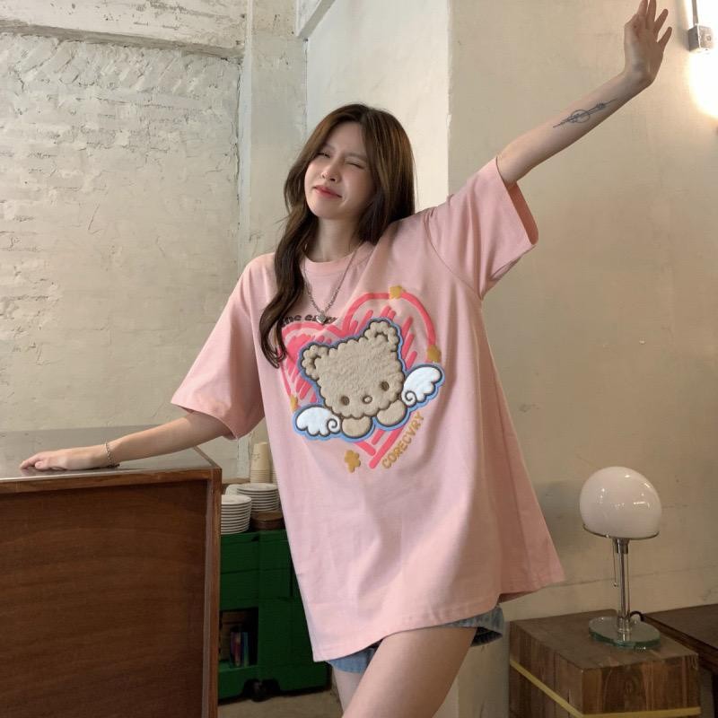 [littlecrab] Kaos Oversize Beruang Bulu Bersayap Corecvry Love Sablon Timbul We Love The Earth T-shirt Couple Unisex Lembut Berkualitas Motif Wings Bear With Love Unik Simple Korean Style