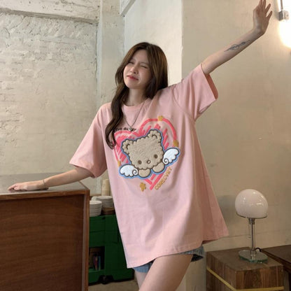 [littlecrab] Kaos Oversize Beruang Bulu Bersayap Corecvry Love Sablon Timbul We Love The Earth T-shirt Couple Unisex Lembut Berkualitas Motif Wings Bear With Love Unik Simple Korean Style