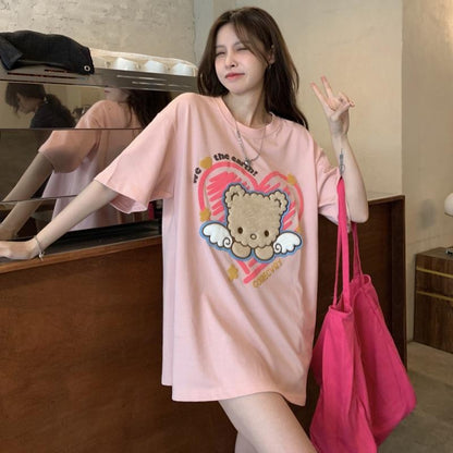 [littlecrab] Kaos Oversize Beruang Bulu Bersayap Corecvry Love Sablon Timbul We Love The Earth T-shirt Couple Unisex Lembut Berkualitas Motif Wings Bear With Love Unik Simple Korean Style