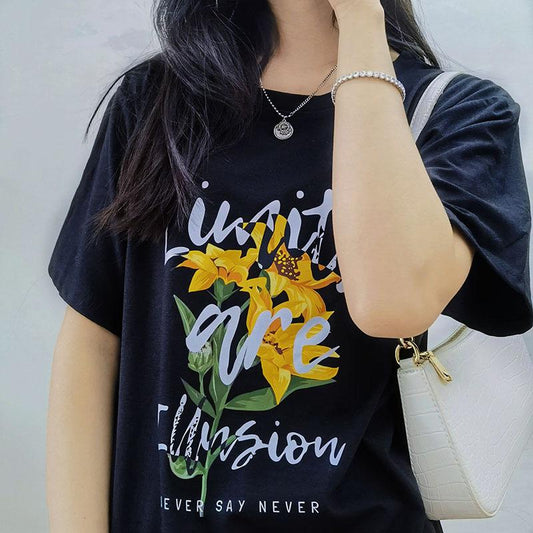 Pekanbaru Kaos Sablon Limits Are Illusion Never Say Never T-shirt Couple Unisex Gambar Bunga Kuning Simple Berkualitas Korean Style