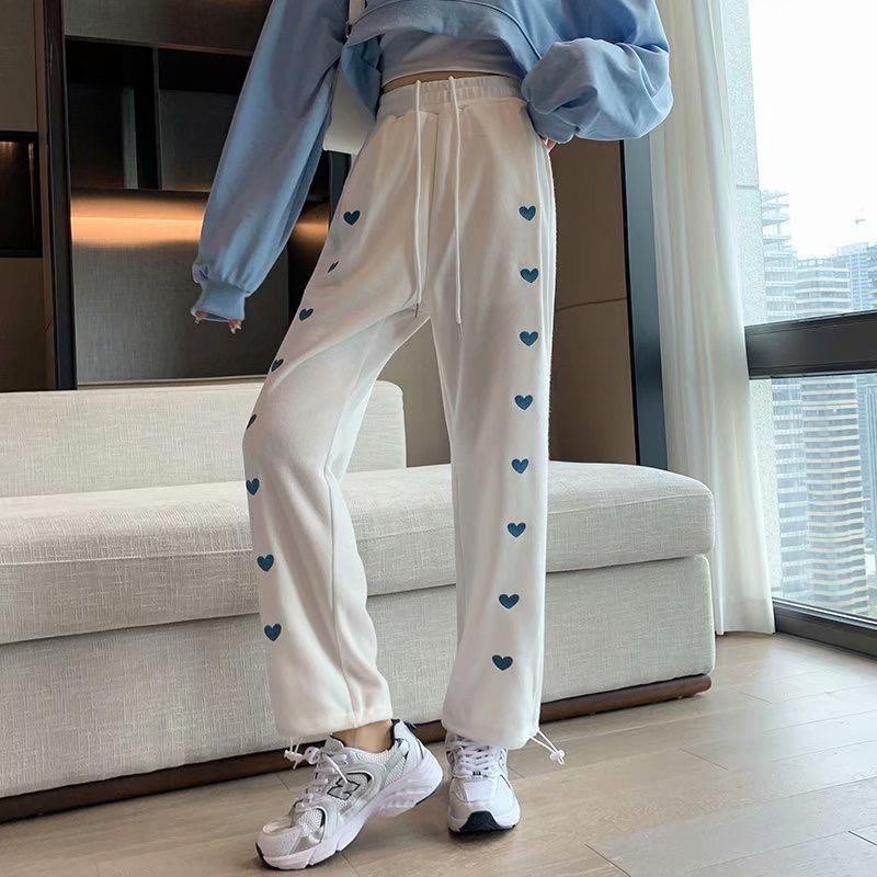[littlecrab] Celana Panjang Motif Love Bordir Putih Biru Hitam Abu Loose Pants Hati Mini Celana Kasual Karet Training Simple Polos Unik Berkualitas Korean Style