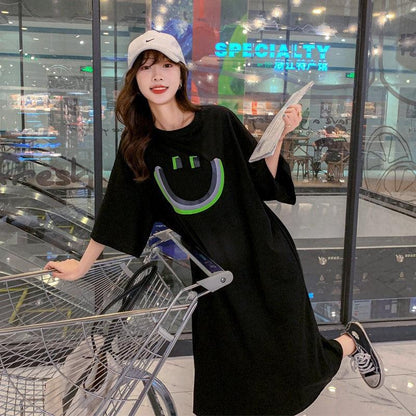[littlecrab] Dress Kaos Oversize Bentuk Smile Black Live Matter Hitam Putih Neon Smily Baju Terusan Panjang Santai Simple Unik Elegan Berkualitas Emoticon Senyum Lengan Pendek Korean Style