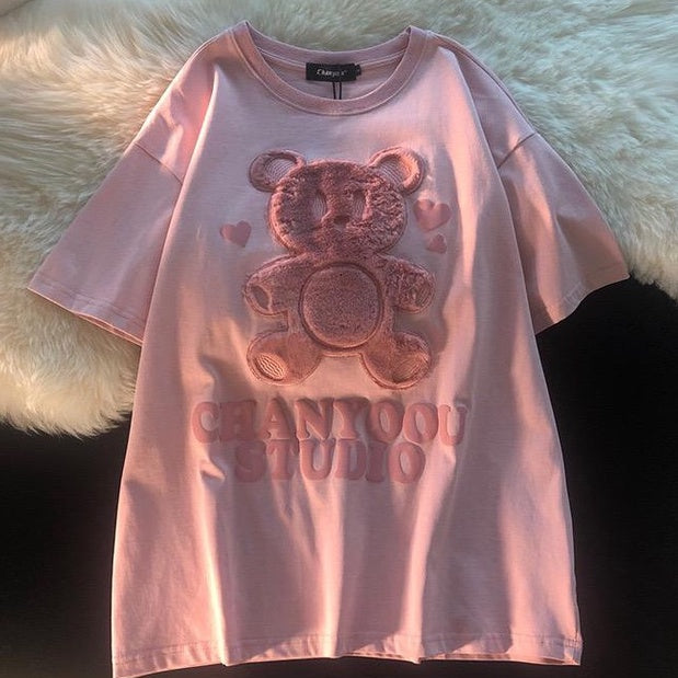Kaos Oversize Bulu Bear Chanyoou Studio T-shirt Beruang Bulu Lembut Berkualitas Soft Color Putih Pink Baju Unik Cute Tshirt With Soft Fluffy Fur Kaos Couple Unisex Korean Style