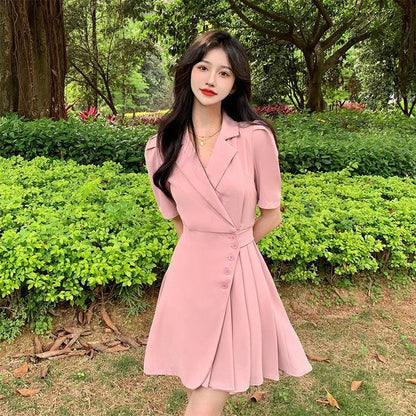 [littlecrab] Dress Formal Wanita V Neck Collar French Style Pink Kuning Hitam Simple Elegan Casual Gaun Pendek Warna Soft Berkerah High Quality A-Line Dress Berkualitas Korean Style