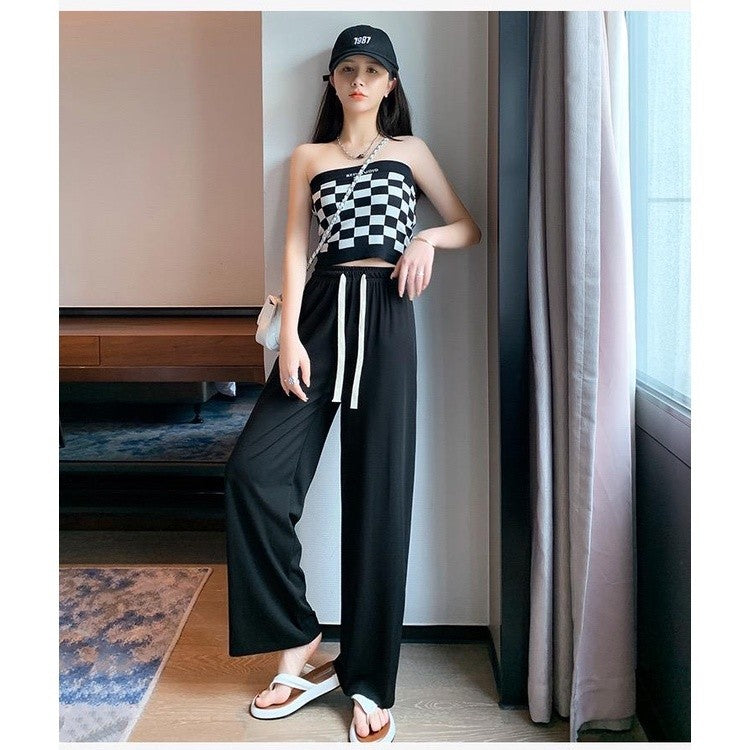 [littlecrab] Celana Panjang Kulot Loose Pants Celana Karet Cullote Tali Depan Celana Formal Kasual Simple Polos Corak Garis Elegan Berkualitas Premiumx