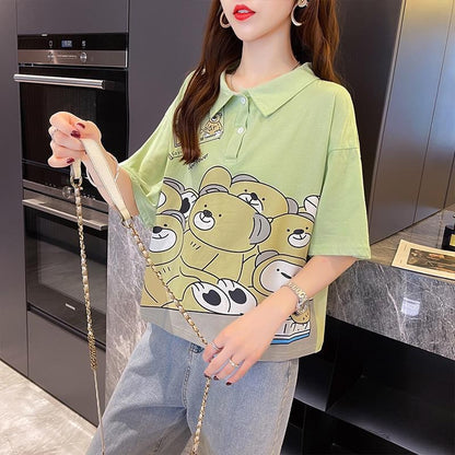 [littlecrab] Kaos Oversize Crop Berkerah Big Bear Hijau Putih Many Bears in Cashier Simple Unik T-shirt Polo Banyak Beruang Berkualitas Your Super Power Baju Kerja Kuliah Jalan Korean Style