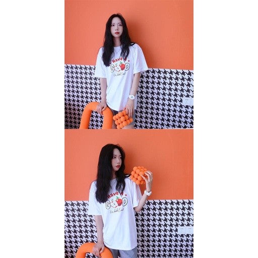 [littlecrab] Kaos Oversize Have A Good Weekend Cute Apple Love Bahan Berkualitas T-shirt Couple Unisex Simple Unik Gambar Apel Korean Style