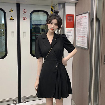 [littlecrab] Dress Formal Wanita V Neck Collar French Style Pink Kuning Hitam Simple Elegan Casual Gaun Pendek Warna Soft Berkerah High Quality A-Line Dress Berkualitas Korean Style