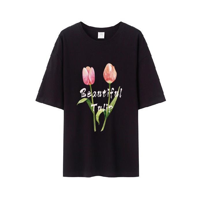 [littlecrab] Kaos Sablon Bunga Polos Beautiful Tulip Hitam Putih Pink Tulip Flower Berkualitas T-shirt Couple Unisex Korean Style
