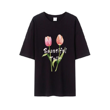 [littlecrab] Kaos Sablon Bunga Polos Beautiful Tulip Hitam Putih Pink Tulip Flower Berkualitas T-shirt Couple Unisex Korean Style
