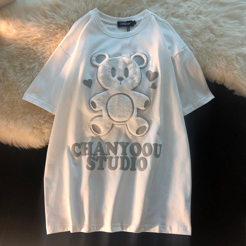 Kaos Oversize Bulu Bear Chanyoou Studio T-shirt Beruang Bulu Lembut Berkualitas Soft Color Putih Pink Baju Unik Cute Tshirt With Soft Fluffy Fur Kaos Couple Unisex Korean Style