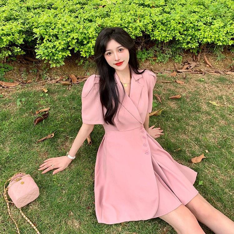 [littlecrab] Dress Formal Wanita V Neck Collar French Style Pink Kuning Hitam Simple Elegan Casual Gaun Pendek Warna Soft Berkerah High Quality A-Line Dress Berkualitas Korean Style