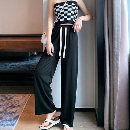 [littlecrab] Celana Panjang Kulot Loose Pants Celana Karet Cullote Tali Depan Celana Formal Kasual Simple Polos Corak Garis Elegan Berkualitas Premiumx