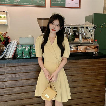 [littlecrab] Dress Formal Wanita V Neck Collar French Style Pink Kuning Hitam Simple Elegan Casual Gaun Pendek Warna Soft Berkerah High Quality A-Line Dress Berkualitas Korean Style