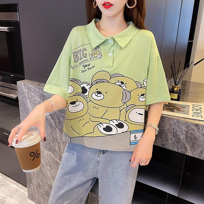 [littlecrab] Kaos Oversize Crop Berkerah Big Bear Hijau Putih Many Bears in Cashier Simple Unik T-shirt Polo Banyak Beruang Berkualitas Your Super Power Baju Kerja Kuliah Jalan Korean Style