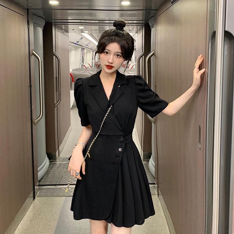 [littlecrab] Dress Formal Wanita V Neck Collar French Style Pink Kuning Hitam Simple Elegan Casual Gaun Pendek Warna Soft Berkerah High Quality A-Line Dress Berkualitas Korean Style
