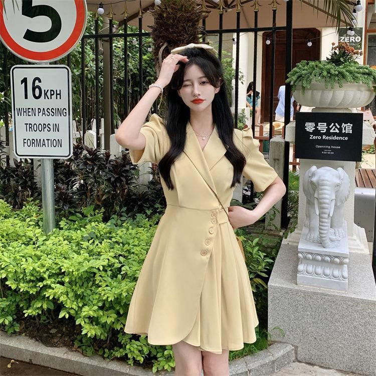 [littlecrab] Dress Formal Wanita V Neck Collar French Style Pink Kuning Hitam Simple Elegan Casual Gaun Pendek Warna Soft Berkerah High Quality A-Line Dress Berkualitas Korean Style