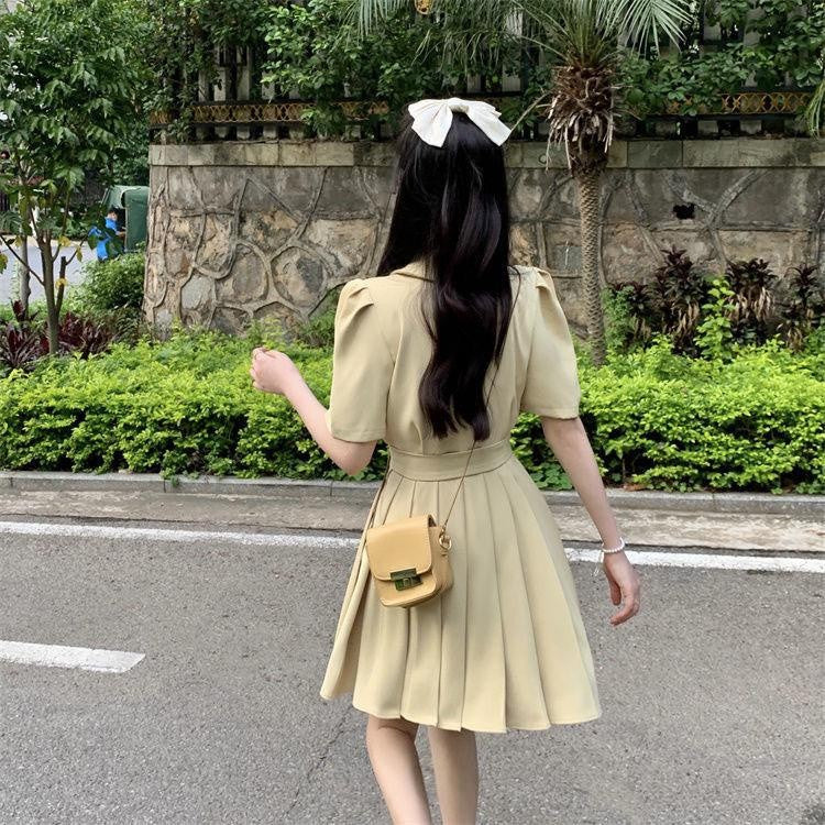[littlecrab] Dress Formal Wanita V Neck Collar French Style Pink Kuning Hitam Simple Elegan Casual Gaun Pendek Warna Soft Berkerah High Quality A-Line Dress Berkualitas Korean Style
