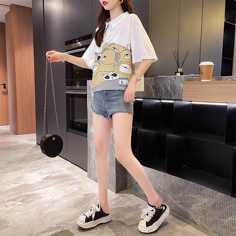 [littlecrab] Kaos Oversize Crop Berkerah Big Bear Hijau Putih Many Bears in Cashier Simple Unik T-shirt Polo Banyak Beruang Berkualitas Your Super Power Baju Kerja Kuliah Jalan Korean Style