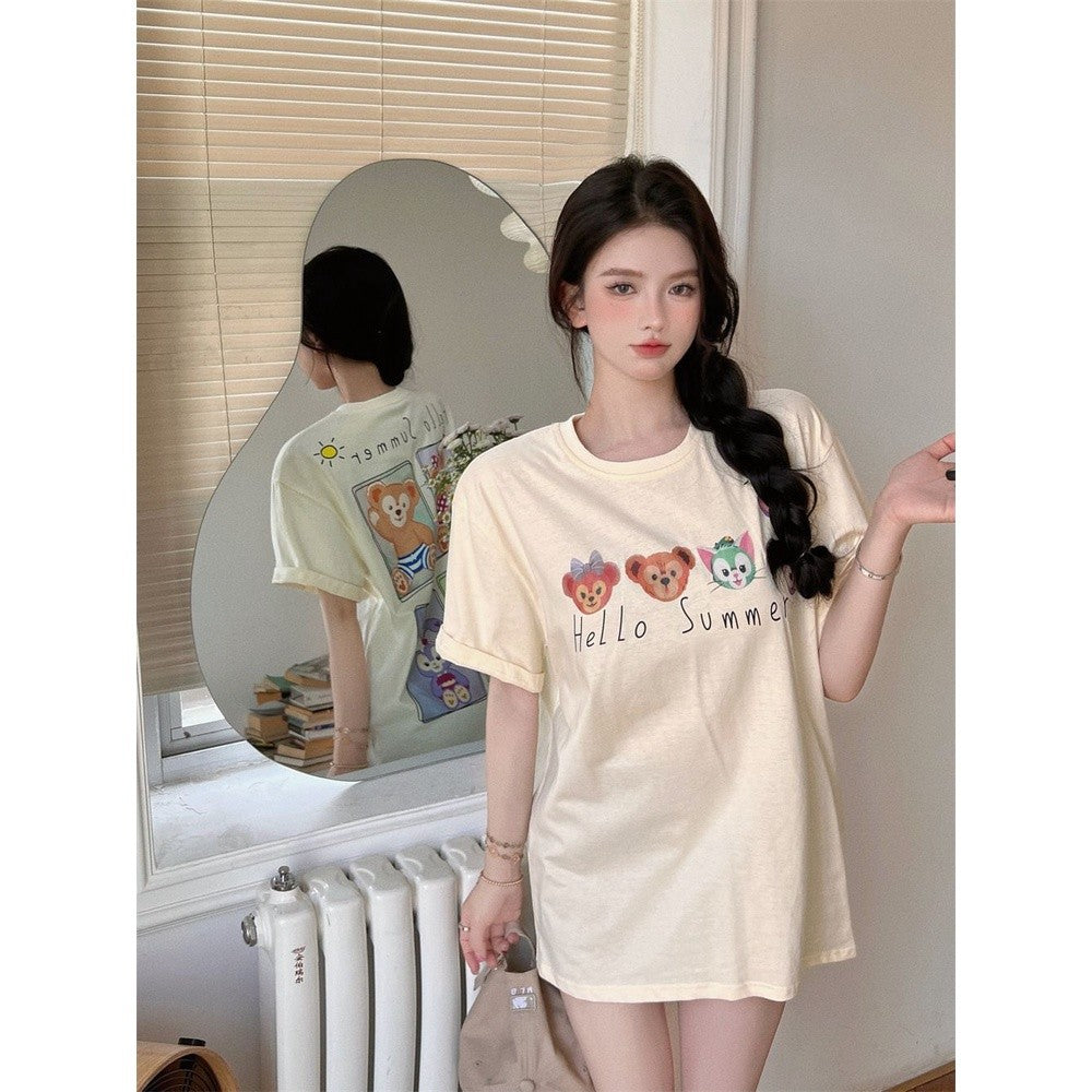 [littlecrab] Kaos Oversize Duffy Family Stellalou and Friends Hello Summer Polaroid Cream Putih Soft Color Simple Elegan Aesthetic T-shirt Couple Unisex Cartoon Sablon Berkualitas Korean Style