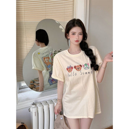 [littlecrab] Kaos Oversize Duffy Family Stellalou and Friends Hello Summer Polaroid Cream Putih Soft Color Simple Elegan Aesthetic T-shirt Couple Unisex Cartoon Sablon Berkualitas Korean Style