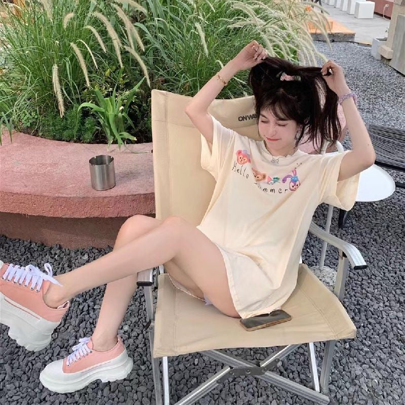 [littlecrab] Kaos Oversize Duffy Family Stellalou and Friends Hello Summer Polaroid Cream Putih Soft Color Simple Elegan Aesthetic T-shirt Couple Unisex Cartoon Sablon Berkualitas Korean Style