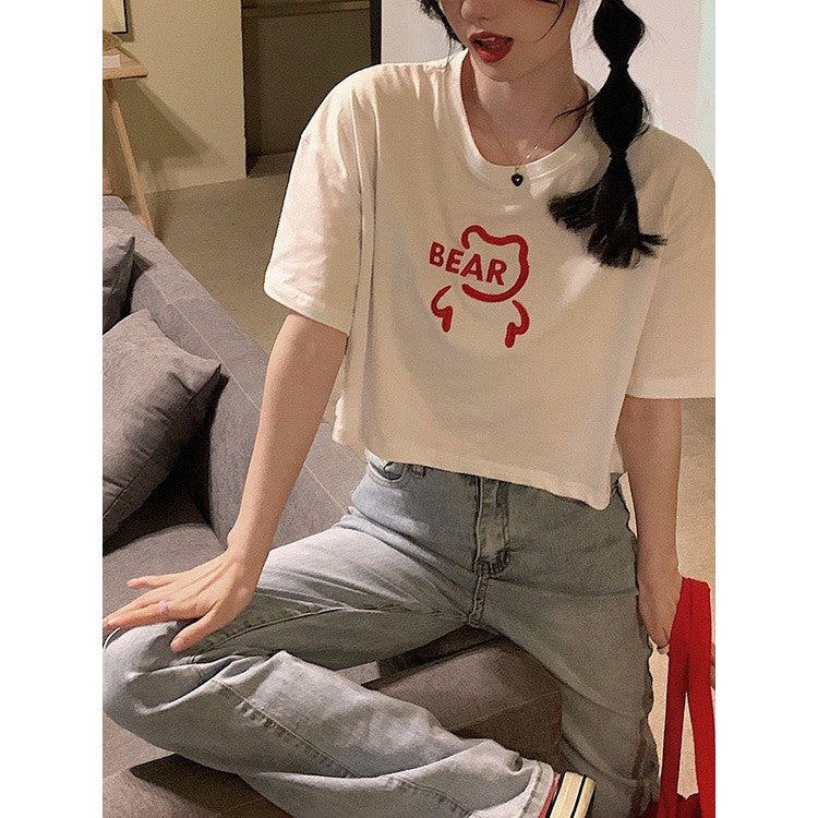 [littlecrab] Crop Top Lebar Bear Hitam Putih Merah Atasan Polos Sablon Berkualitas Beruang Simple Unik Elegan Aesthetic Kaos Beruang Korean Style