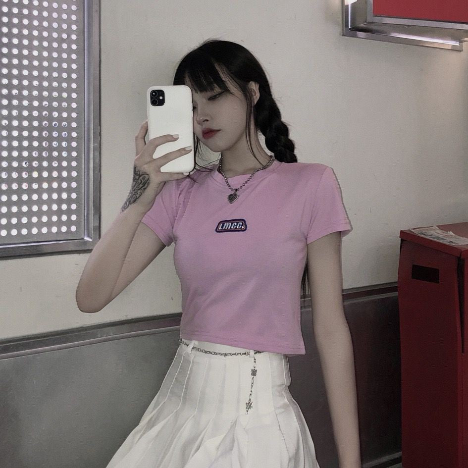 [littlecrab] Crop Top LMCC Swag Simple Polos Elegan Hitam Pink Biru Atasan Kaos Crop Polos Bordir Premium Berkualitas High Neck Swaggy Street Korean Style