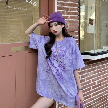 [littlecrab] Kaos Oversize Baloon Tie Dye Blue Purple Grey Beruang Bunga Sablon Berkualitas T-shirt Couple Unisex Lucu Unik Soft Color Baju Tumblr Two Tone Korean Style