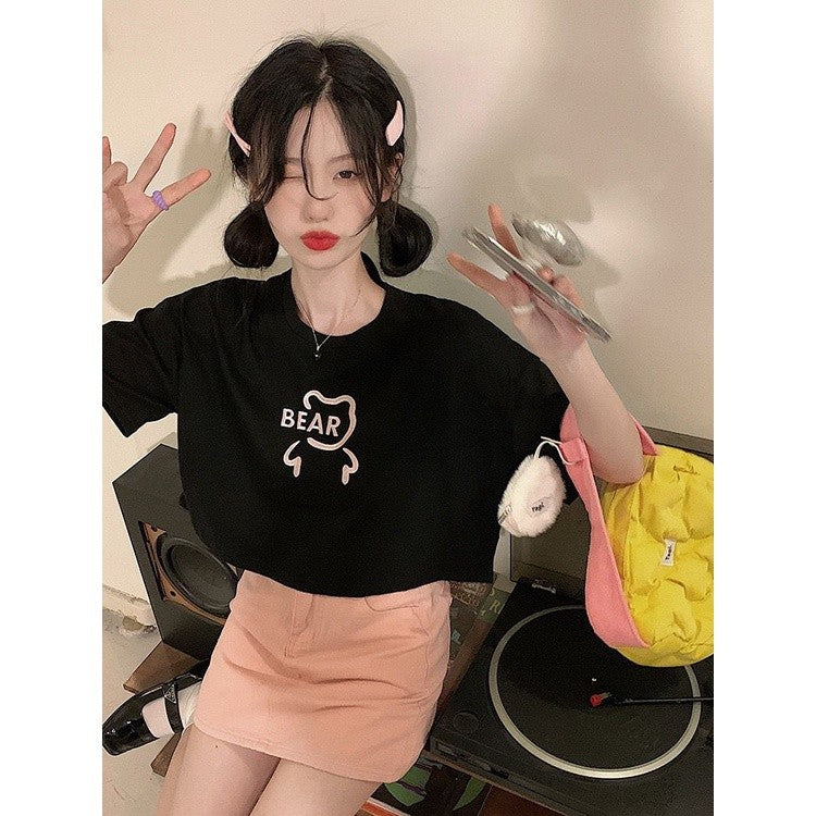 [littlecrab] Crop Top Lebar Bear Hitam Putih Merah Atasan Polos Sablon Berkualitas Beruang Simple Unik Elegan Aesthetic Kaos Beruang Korean Style