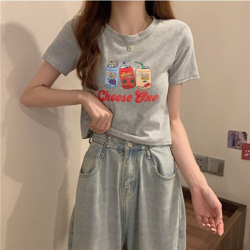 [littlecrab] Crop Top Fruit Soda Drink Choose One Hitam Putih Abu Sablon Colorful Berkualitas Simple Elegan Atasan Kaos Crop Unik Aesthetic Motif Minuman Kaleng Buah Grape Pineapple Cherry Korean Style