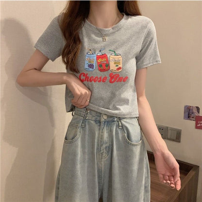 [littlecrab] Crop Top Fruit Soda Drink Choose One Hitam Putih Abu Sablon Colorful Berkualitas Simple Elegan Atasan Kaos Crop Unik Aesthetic Motif Minuman Kaleng Buah Grape Pineapple Cherry Korean Style