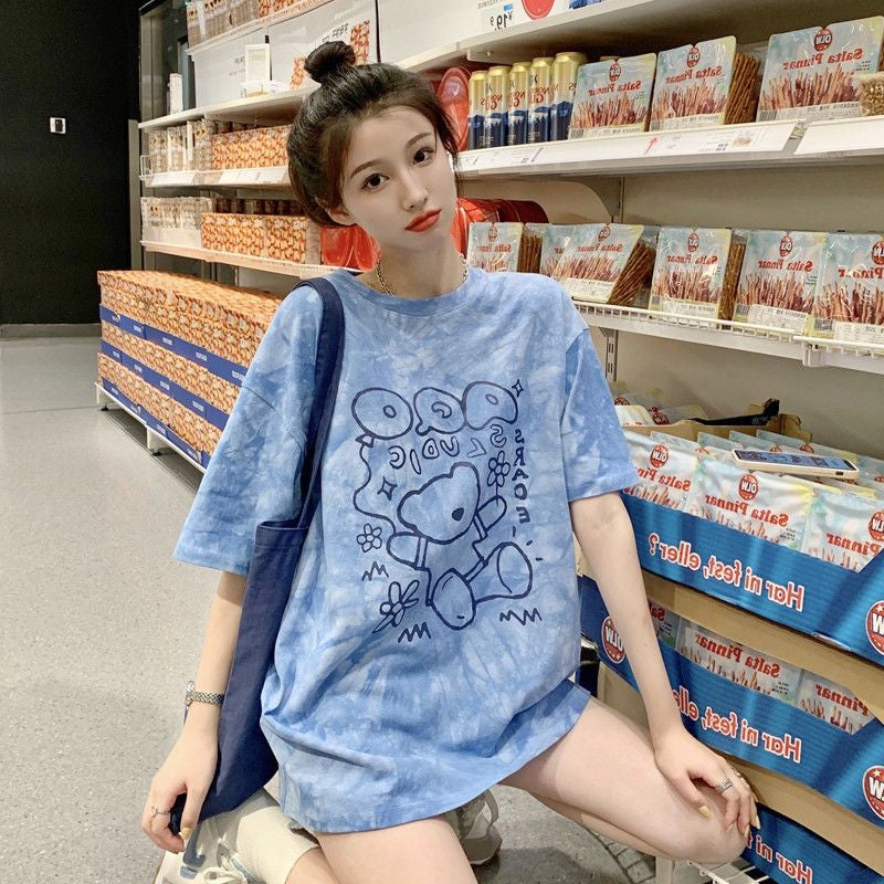 [littlecrab] Kaos Oversize Baloon Tie Dye Blue Purple Grey Beruang Bunga Sablon Berkualitas T-shirt Couple Unisex Lucu Unik Soft Color Baju Tumblr Two Tone Korean Style