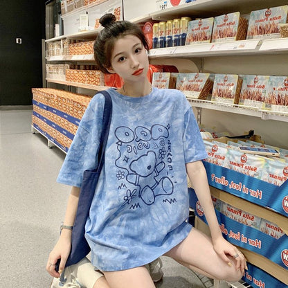[littlecrab] Kaos Oversize Baloon Tie Dye Blue Purple Grey Beruang Bunga Sablon Berkualitas T-shirt Couple Unisex Lucu Unik Soft Color Baju Tumblr Two Tone Korean Style