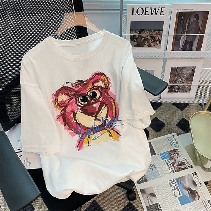 [littlecrab] Kaos Oversize Lotso Graffiti Pattern Pink Putih Abu T-shirt Couple Unisex Sablon Berkualitas Simple Elegan Aesthetic Hand Drawing Beruang Pink Lucu Unik Korean Style