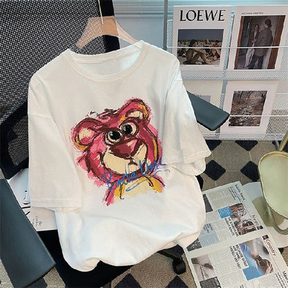 [littlecrab] Kaos Oversize Lotso Graffiti Pattern Pink Putih Abu T-shirt Couple Unisex Sablon Berkualitas Simple Elegan Aesthetic Hand Drawing Beruang Pink Lucu Unik Korean Style