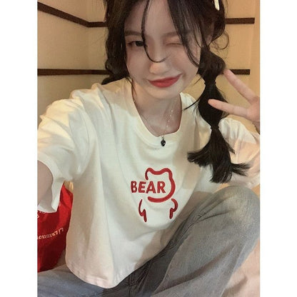 [littlecrab] Crop Top Lebar Bear Hitam Putih Merah Atasan Polos Sablon Berkualitas Beruang Simple Unik Elegan Aesthetic Kaos Beruang Korean Style