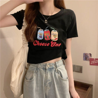[littlecrab] Crop Top Fruit Soda Drink Choose One Hitam Putih Abu Sablon Colorful Berkualitas Simple Elegan Atasan Kaos Crop Unik Aesthetic Motif Minuman Kaleng Buah Grape Pineapple Cherry Korean Style