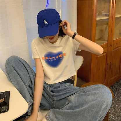[littlecrab] Crop Top Japanese Letter Yume Afureru Wakamono Love Biru Ombre Atasan Baju Crop Hitam Putih Tulisan Jepang Tape Recorder Simple Unik Polos Elegan Sablon Berkualitas Japanese Korean Style