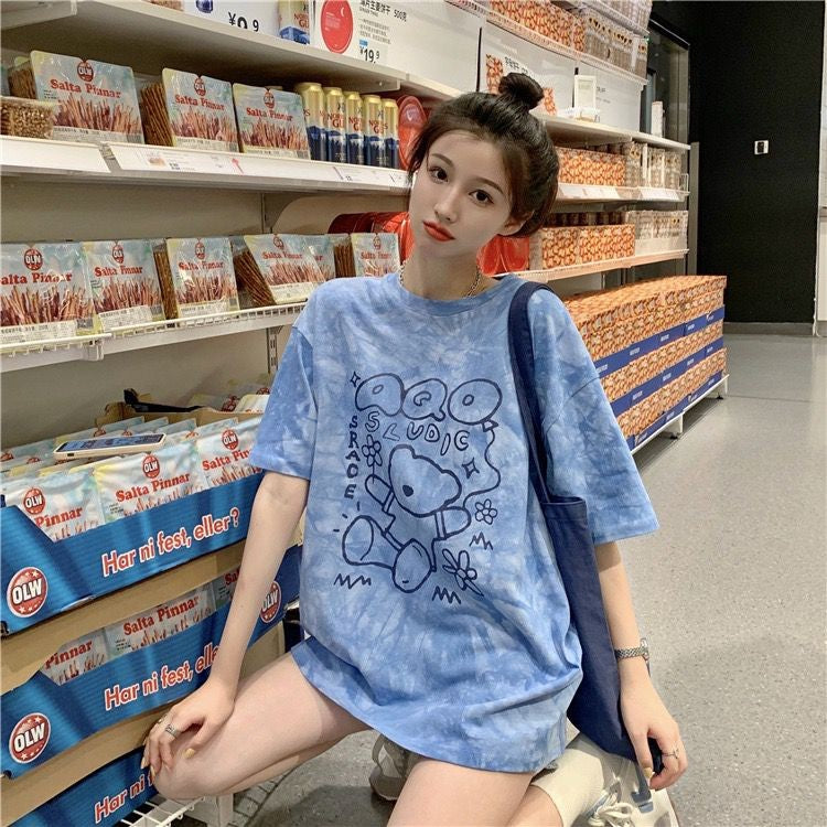 [littlecrab] Kaos Oversize Baloon Tie Dye Blue Purple Grey Beruang Bunga Sablon Berkualitas T-shirt Couple Unisex Lucu Unik Soft Color Baju Tumblr Two Tone Korean Style