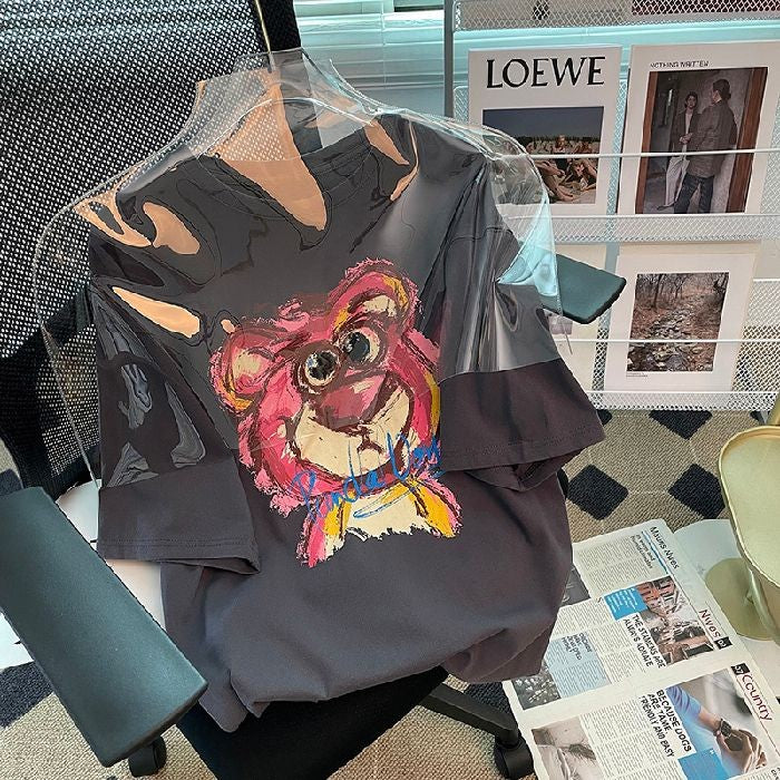[littlecrab] Kaos Oversize Lotso Graffiti Pattern Pink Putih Abu T-shirt Couple Unisex Sablon Berkualitas Simple Elegan Aesthetic Hand Drawing Beruang Pink Lucu Unik Korean Style