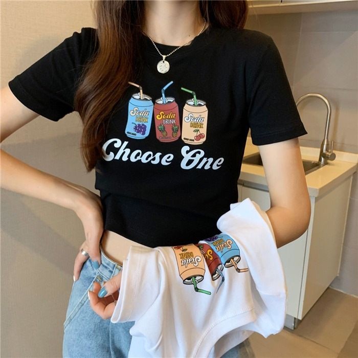 [littlecrab] Crop Top Fruit Soda Drink Choose One Hitam Putih Abu Sablon Colorful Berkualitas Simple Elegan Atasan Kaos Crop Unik Aesthetic Motif Minuman Kaleng Buah Grape Pineapple Cherry Korean Style